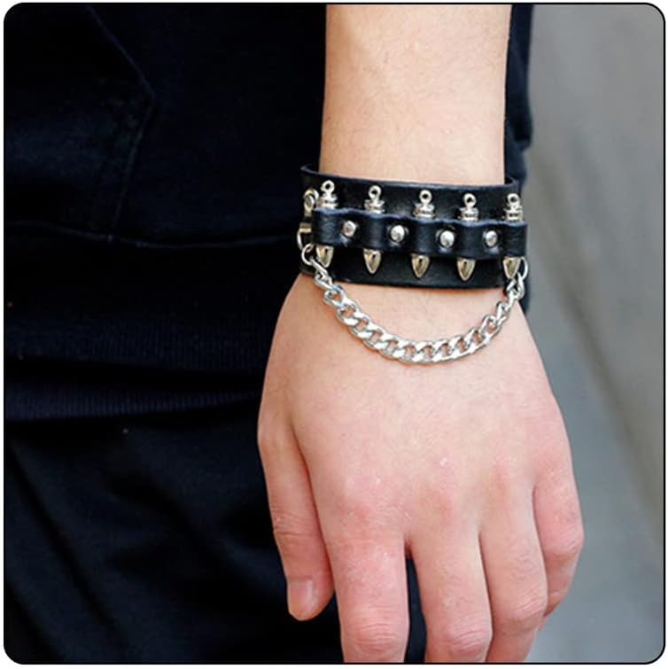 Fusamk Punk Rock Snap Bracelet Bullet Chain Wristband Wide Leather Cuff Bracelet - Image 2